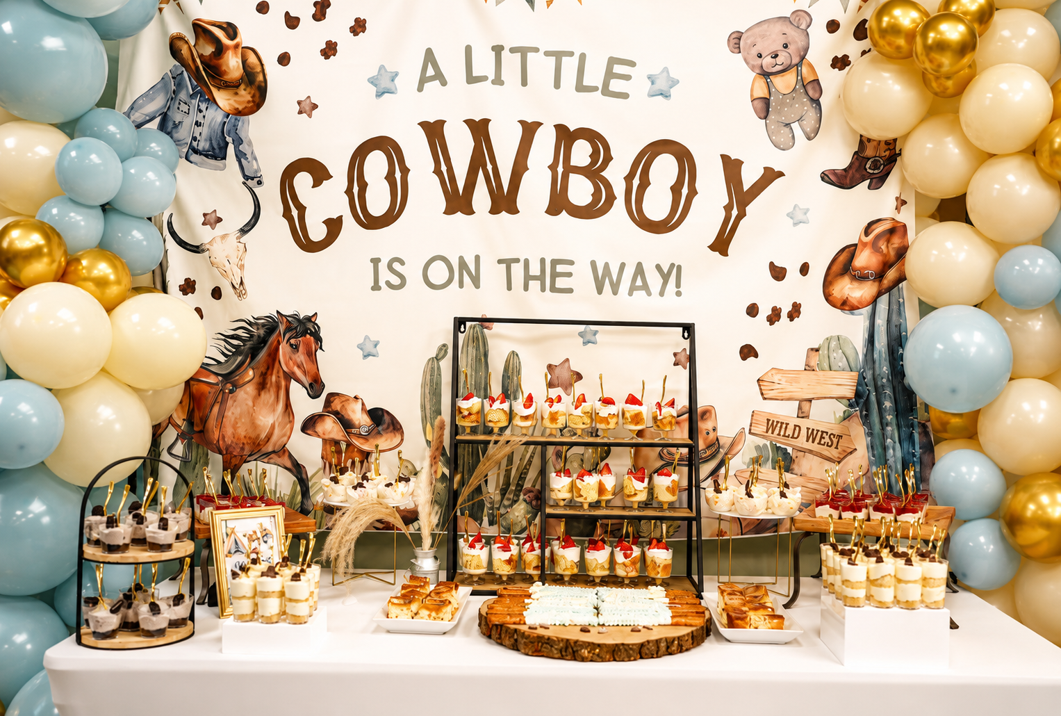 “Western-themed baby shower dessert table by Highly Flavored Catering featuring elegant parfait shooters, mini desserts, balloon décor, and a custom ‘A Little Cowboy Is On The Way’ backdrop styled for luxury celebrations and special events.”
