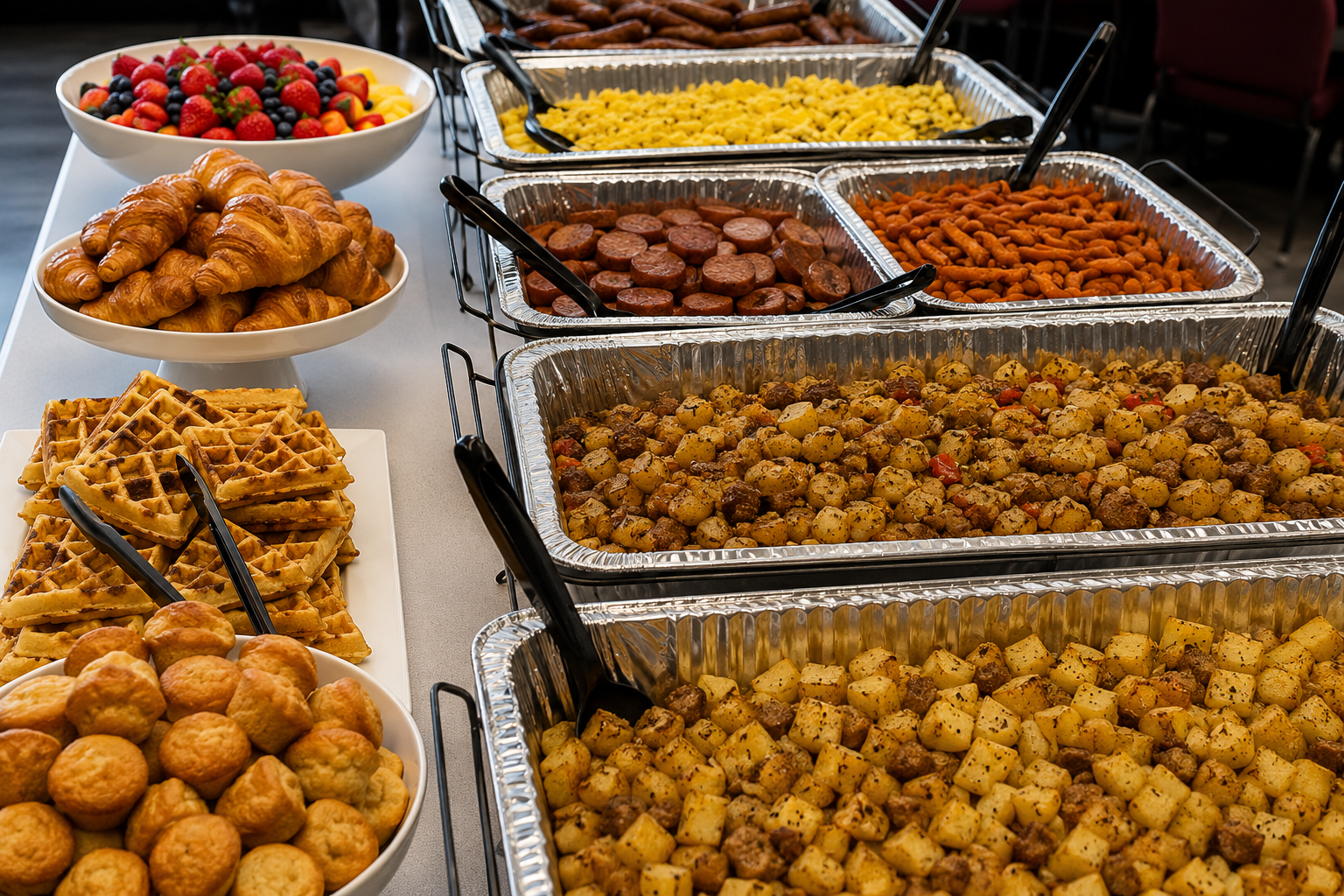 “Breakfast catering buffet by Highly Flavored Catering featuring waffles, croissants, fresh fruit, breakfast potatoes, sausage, and hot brunch favorites styled for corporate events, brunches, and special gatherings.”