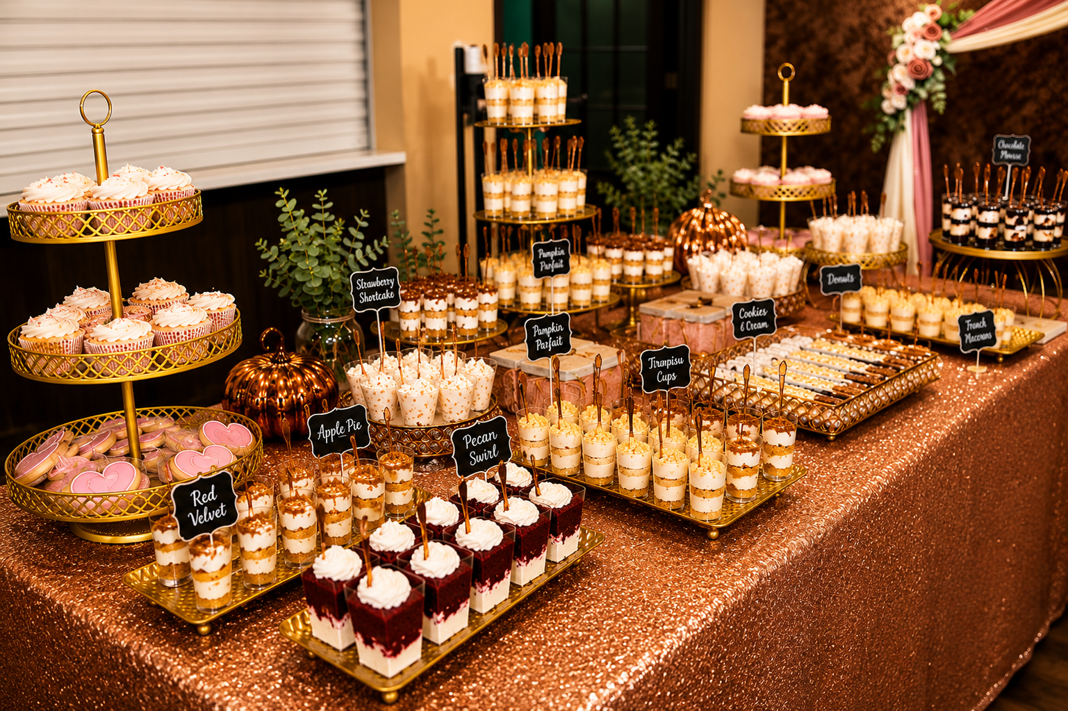 “Elegant dessert grazing table by Highly Flavored Catering featuring gourmet parfait shooters, cupcakes, macarons, cookies, and mini desserts styled with luxurious gold décor for weddings, showers, and upscale celebrations.”