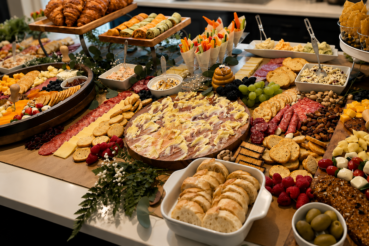 “Luxury charcuterie grazing table by Highly Flavored Catering featuring artisan cheeses, cured meats, fresh fruit, dips, croissants, crackers, and elegant appetizer displays for upscale events and celebrations.”