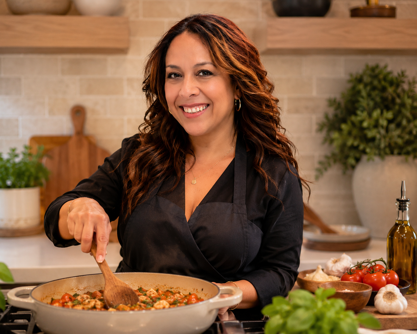 “Paula Martinez of Highly Flavored Catering preparing a fresh homemade dish in a modern kitchen, showcasing the passion and craftsmanship behind every catered event.”