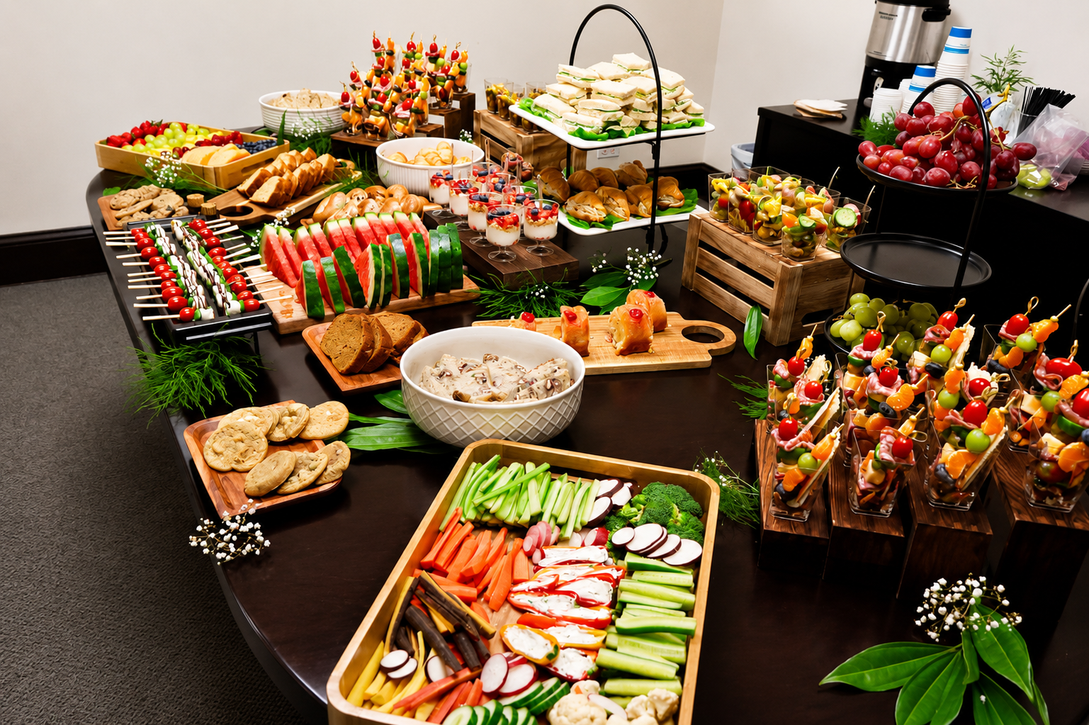 “Upscale catering spread by Highly Flavored Catering featuring charcuterie cups, fresh vegetables, sandwiches, fruit displays, desserts, and grazing table appetizers for corporate events, parties, and private gatherings.”
