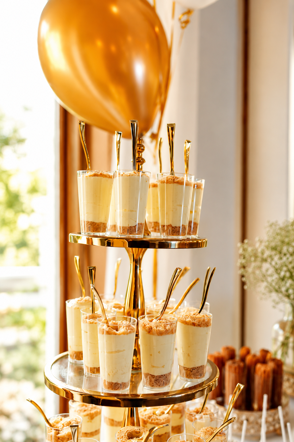 “Elegant dessert shooter display by Highly Flavored Catering featuring layered cheesecake shooters with gold spoons, luxury gold serving stands, and upscale event styling with gold balloon décor.”