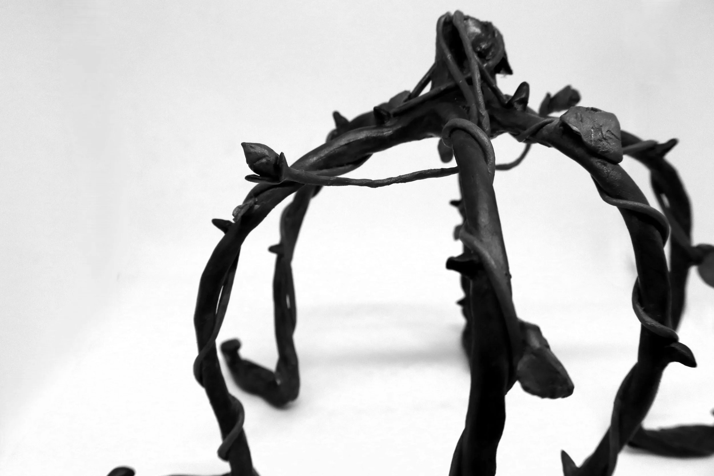 Close-up of a crown of thorns made of twisted, dark metal wire against a plain white background.