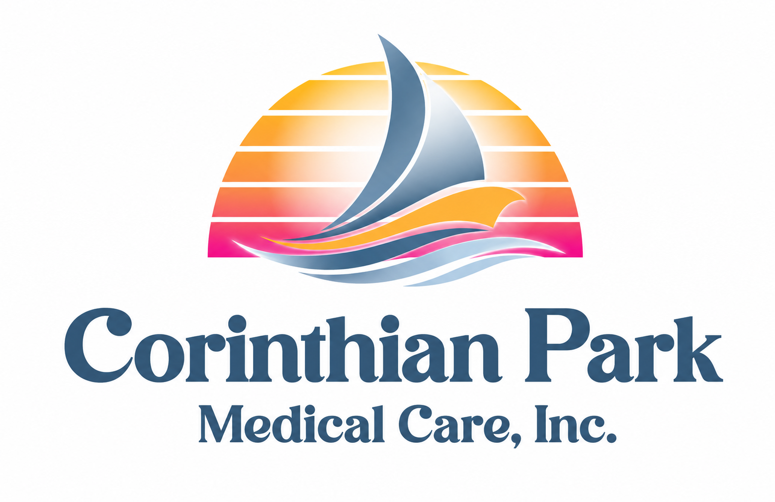 A logo for Corinthian Park Medical Care, Inc. featuring a stylized sailboat within a colorful semi-circular background with sunset colors, accompanied by the company name in bold blue letters.