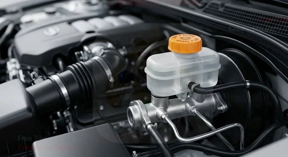 Close-up of a car engine showing the brake fluid reservoir with an orange cap.