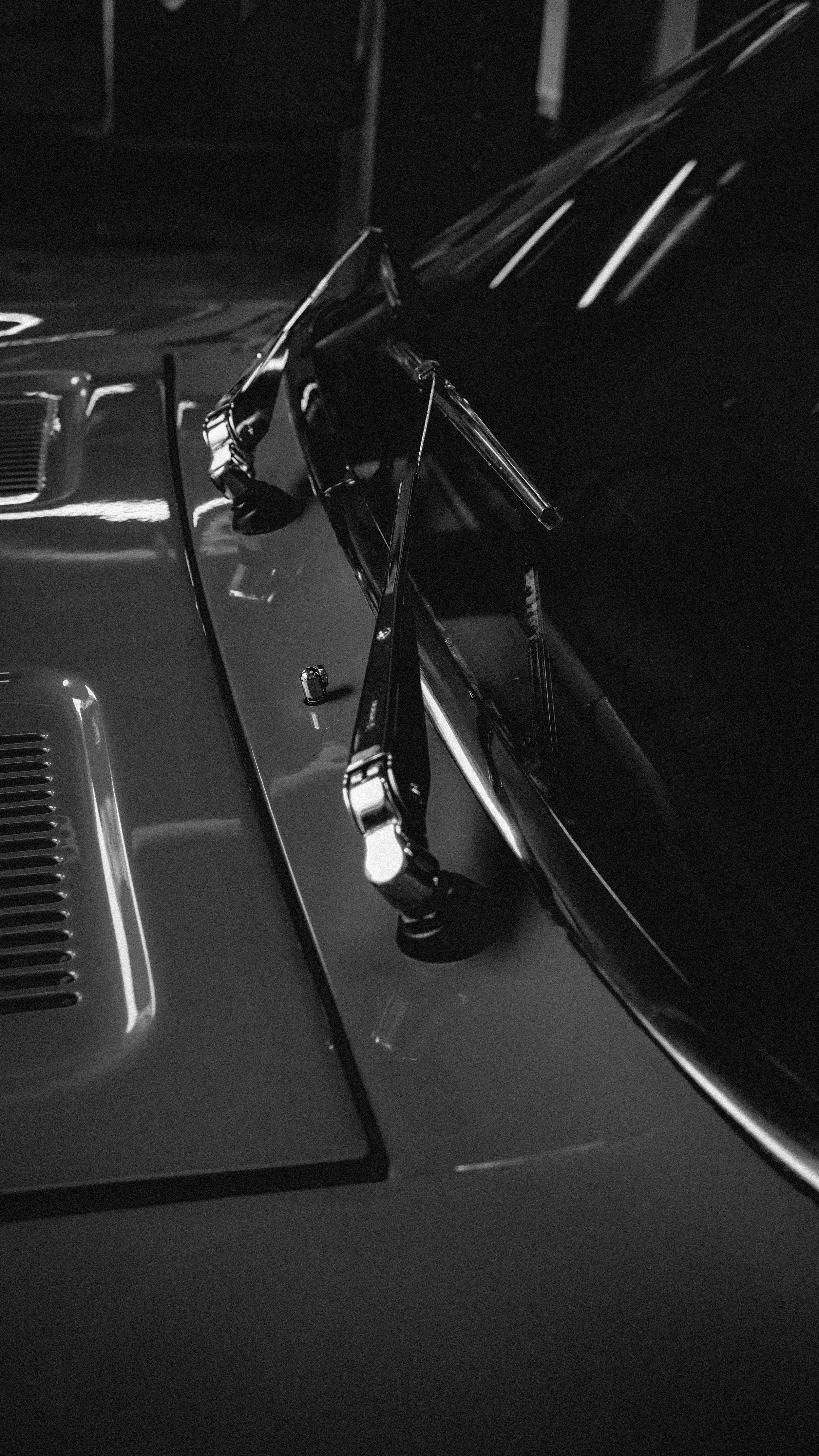 Close-up of a car's godzilla hood ornament and windshield wipers in black and white.