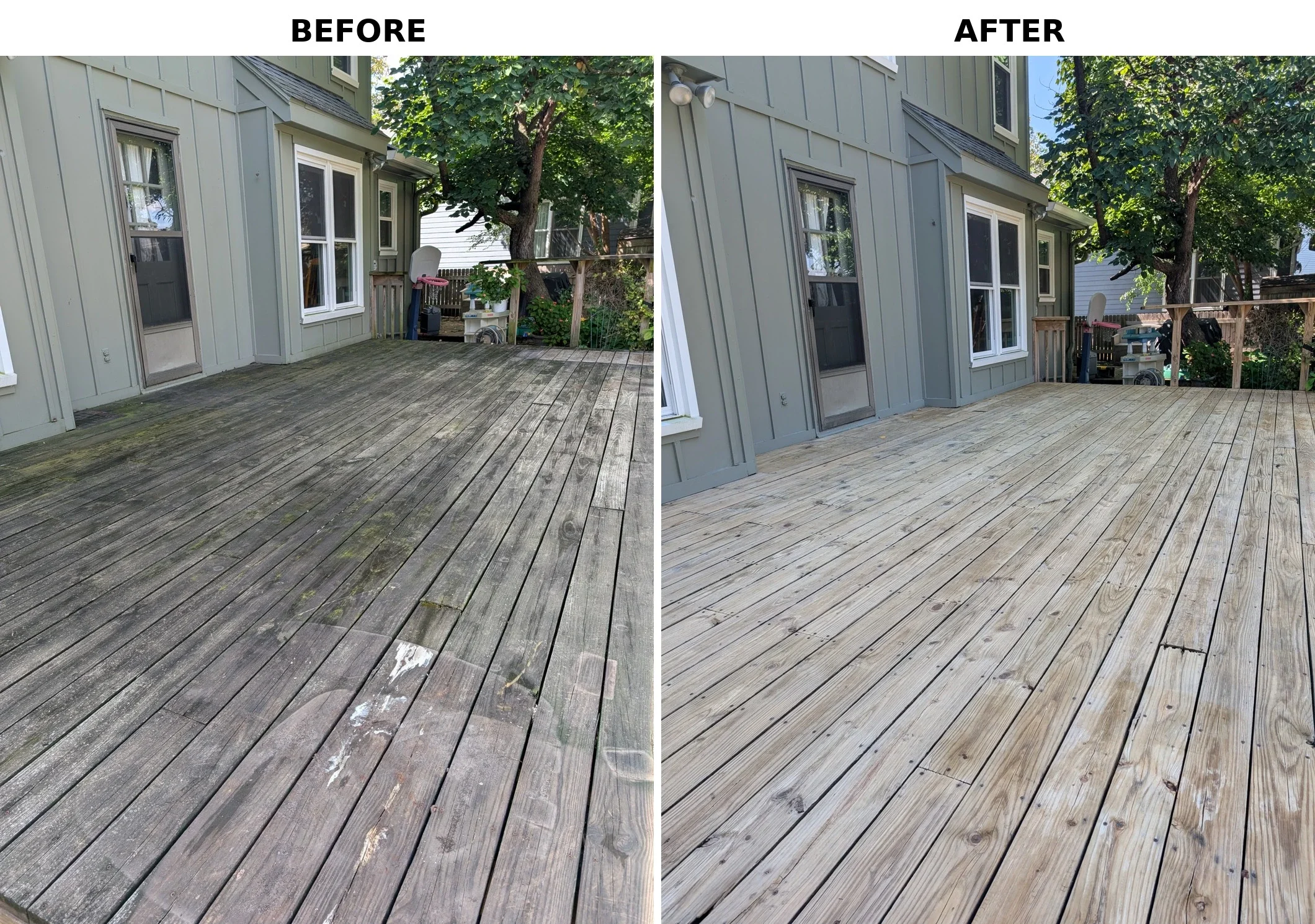 Before and after: full deck cleaned from weathered gray to natural wood tone