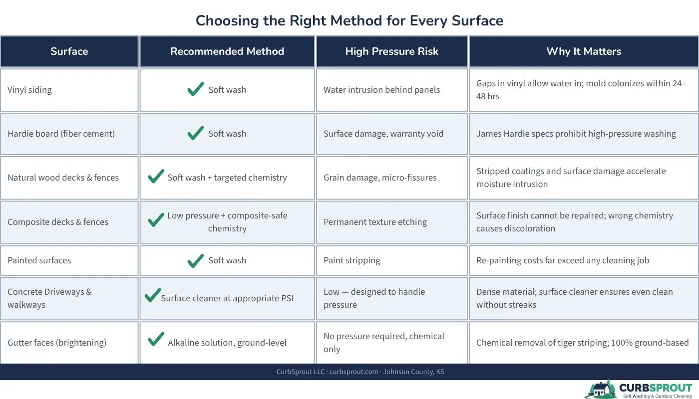 Surface-by-surface cleaning method guide for Johnson County Kansas homes - soft washing vs pressure washing for vinyl siding, Hardie board, composite decking, wood, and concrete