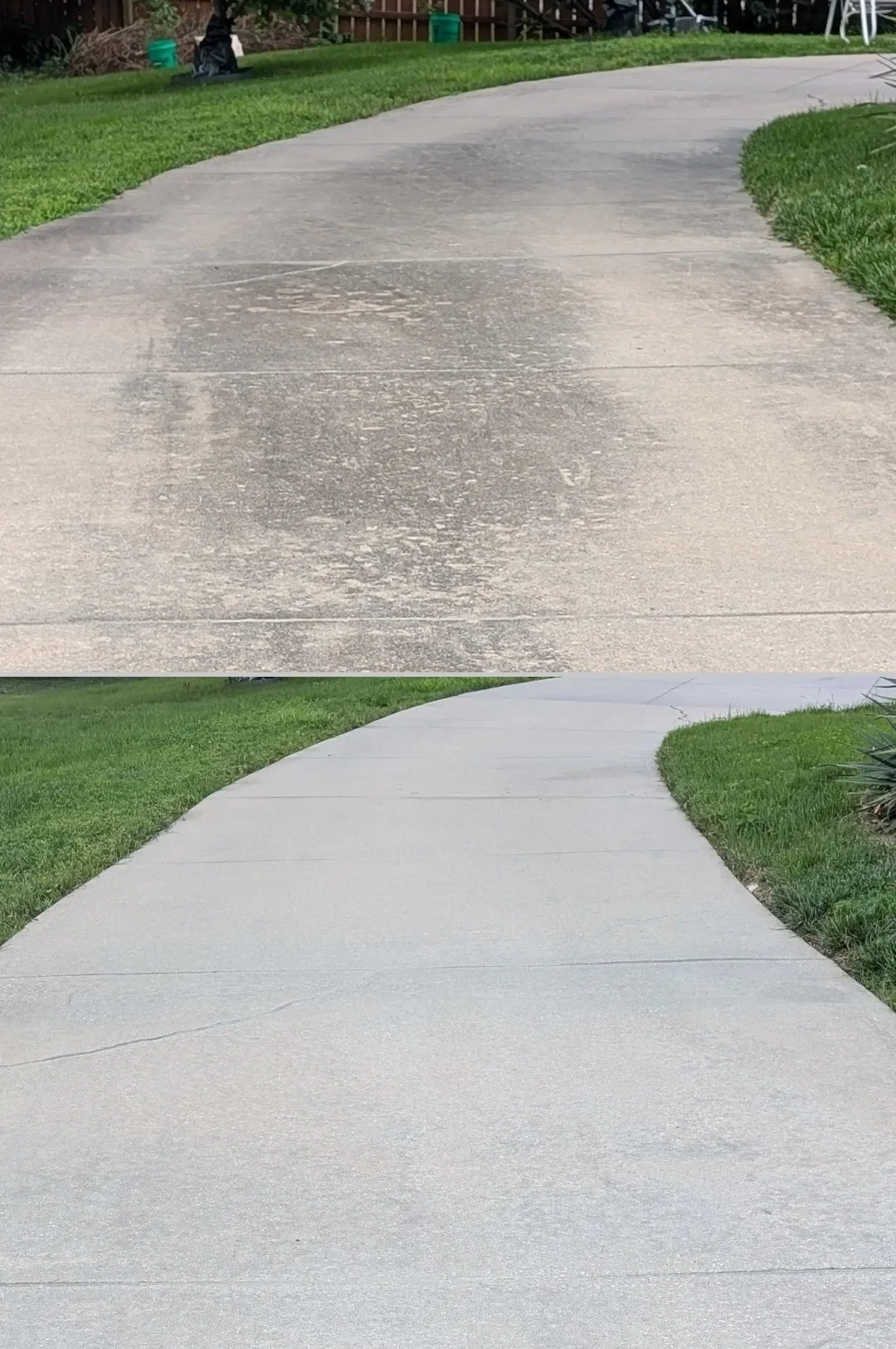 Before and after of a concrete driveway and walkway cleaned by CurbSprout, removing black mold and grime buildup in Olathe, KS