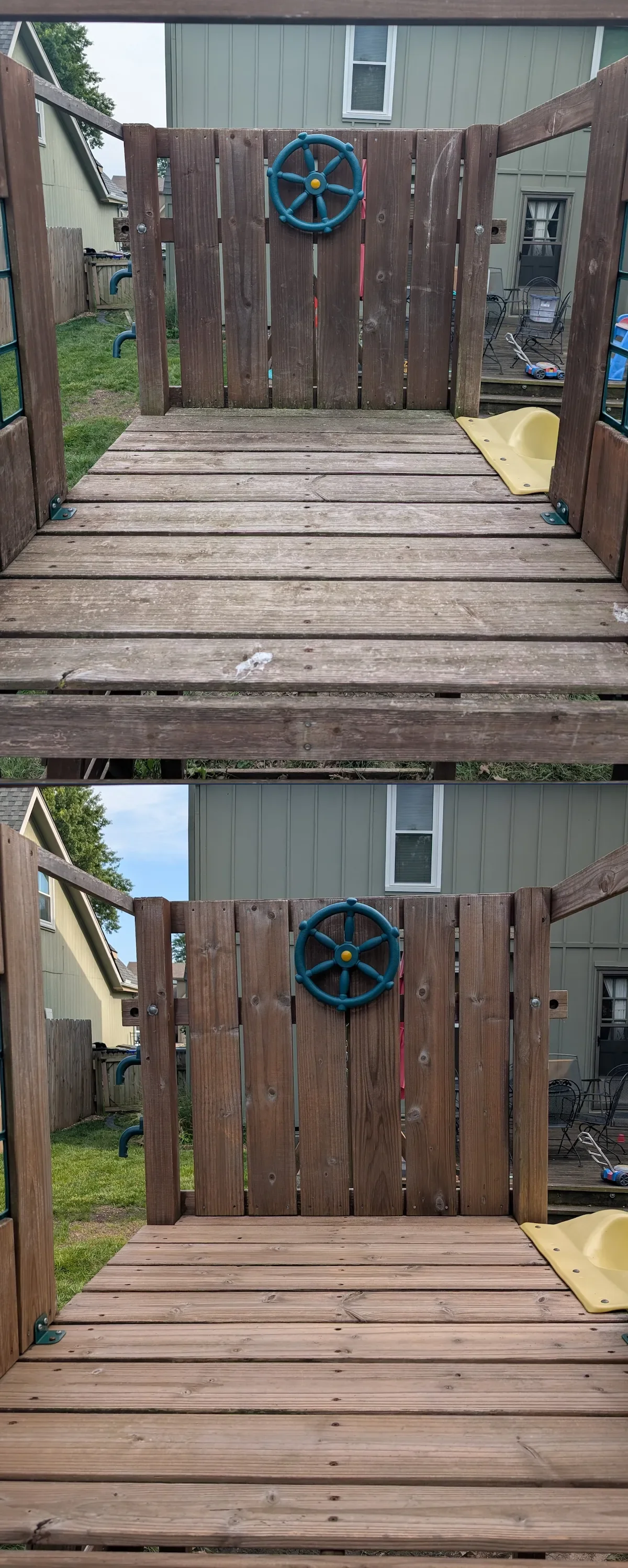 Stacked before and after photos of a wooden playset platform soft washed by CurbSprout, restoring the wood's natural color