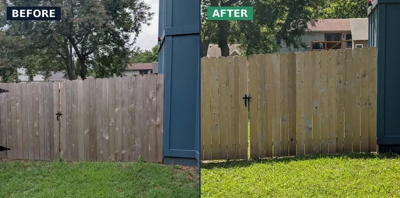 Wood fence before and after professional soft washing in Johnson County, Kansas — weathered gray cedar restored to its natural warm tone