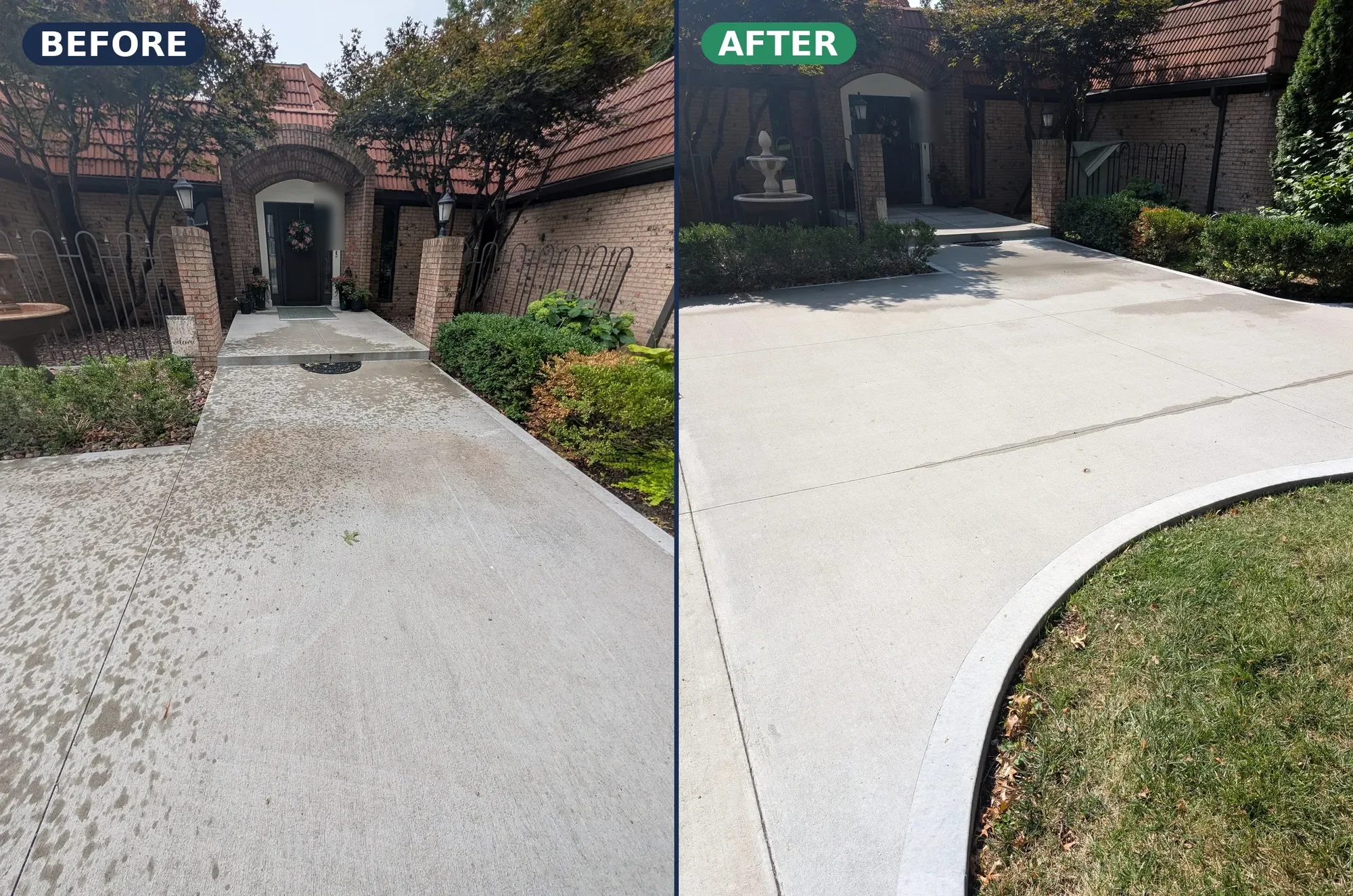 Before and after driveway cleaning showing stained concrete transformed to bright, even surface, Johnson County KS.