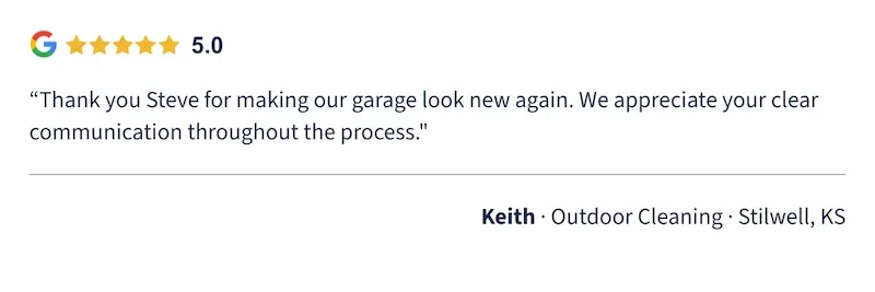 Keith 5-star Google review — outdoor cleaning · Johnson County, KS