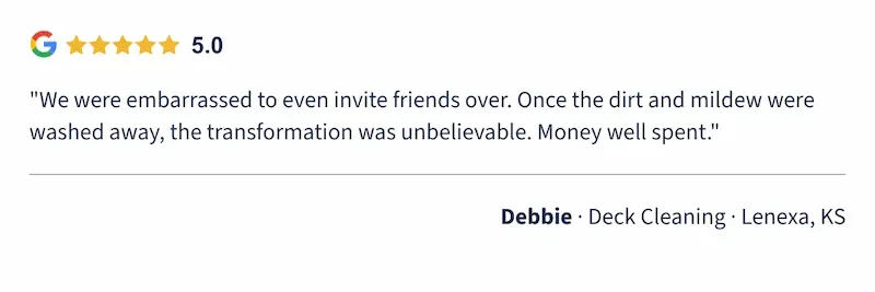 Debbie 5-star Google review — deck cleaning · Lenexa, KS