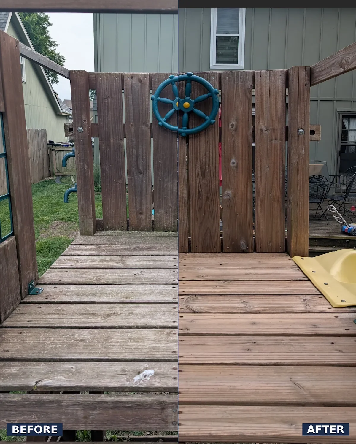 Before and after of a backyard wooden playset cleaned by CurbSprout, showing dirt and grime removed from the wood surface in Johnson County, KS