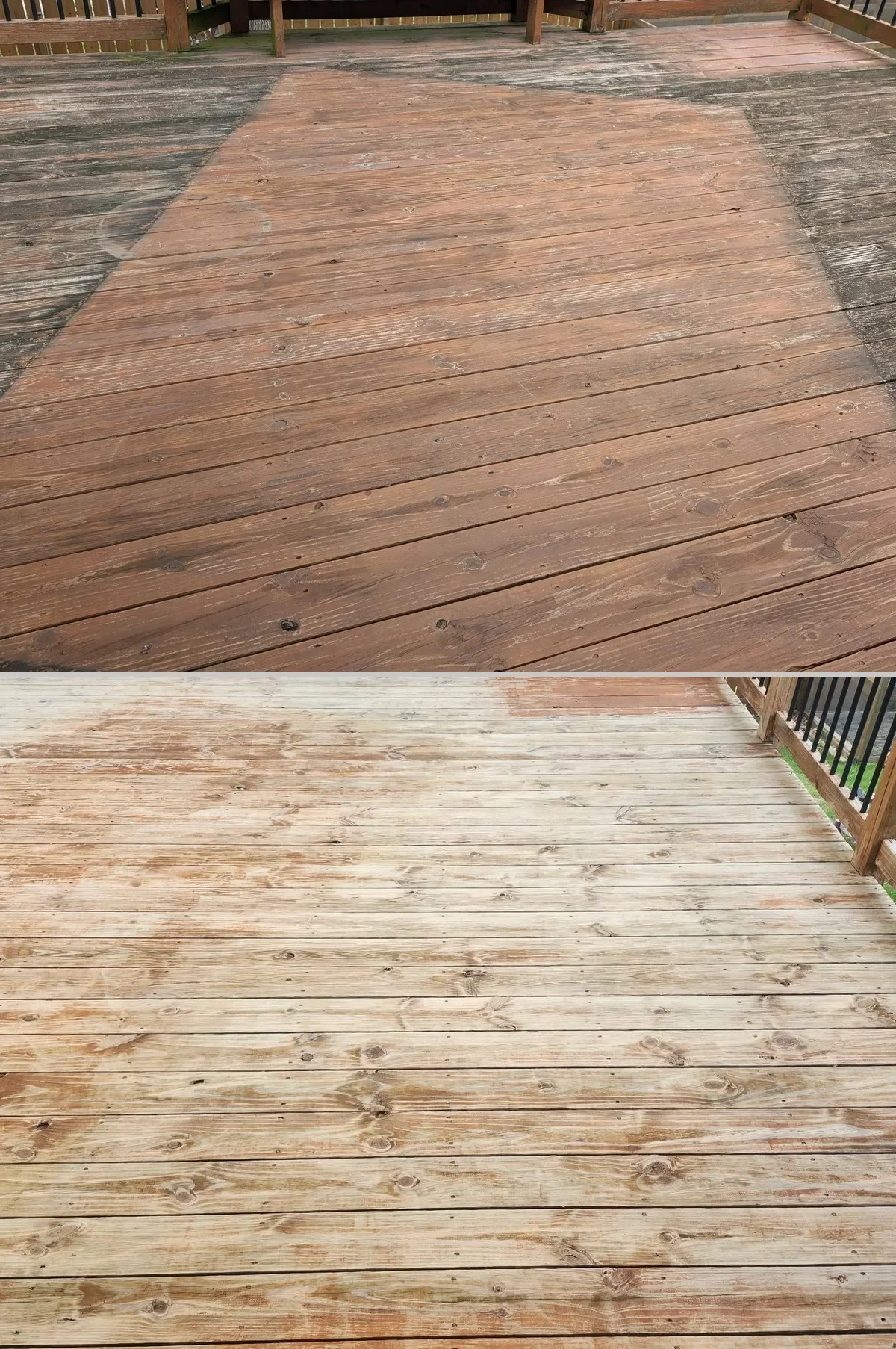 Before and after of a backyard deck soft washed by CurbSprout, showing dark mildew and staining removed to reveal clean wood grain