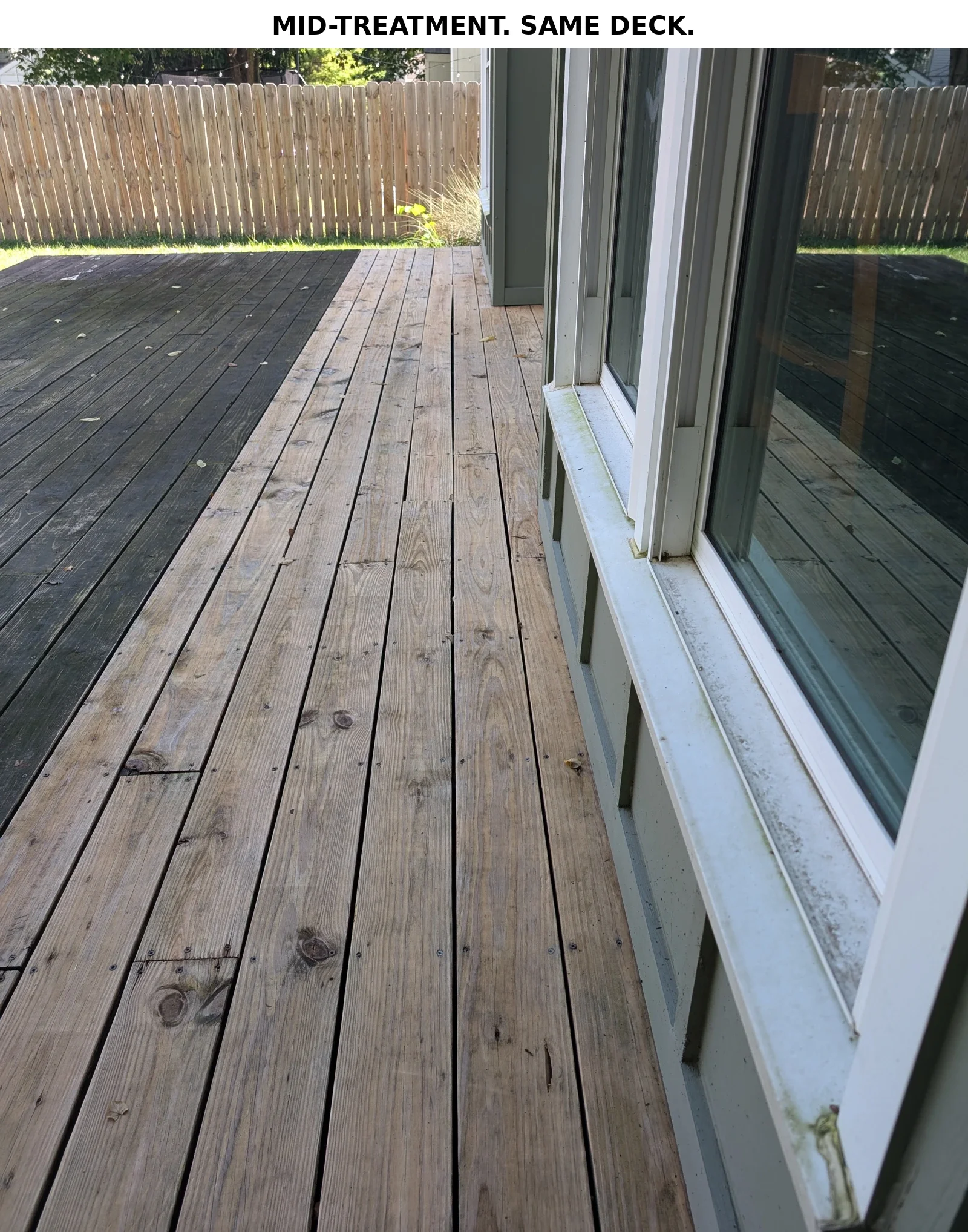 Deck mid-treatment showing the dividing line between untreated and freshly cleaned boards