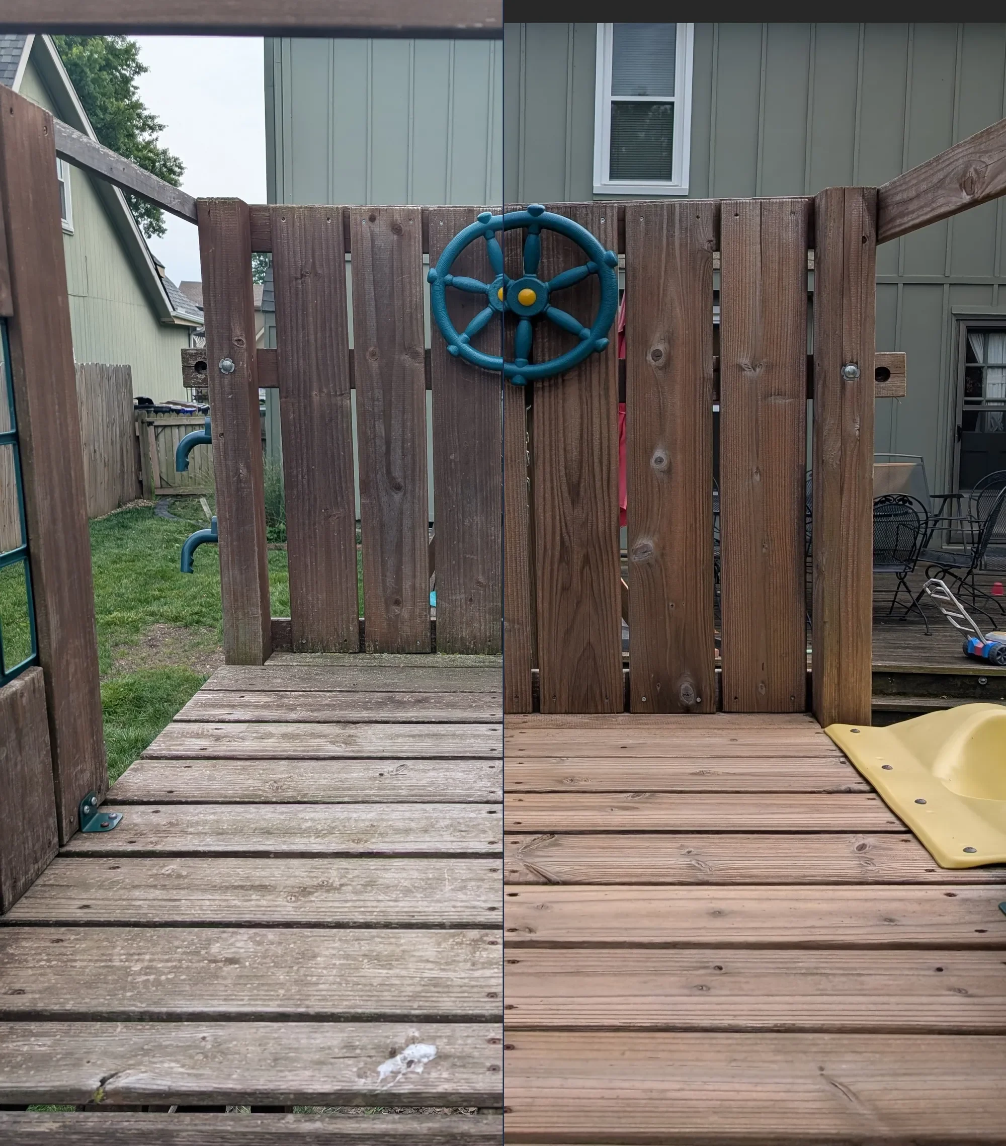 Wooden playset before and after soft washing by CurbSprout — Olathe, Johnson County KS