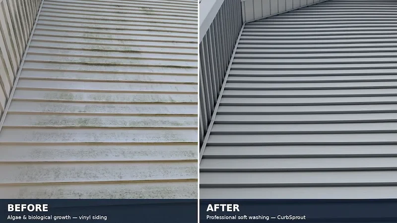 Before and after soft washing comparison on vinyl siding in Johnson County KS - algae and black streaking removed