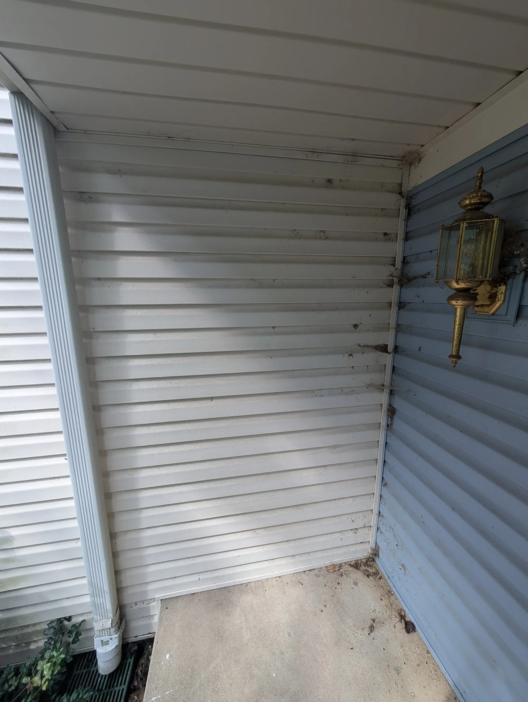 Front porch with cobwebs, black streaking, and grime before soft washing — Olathe KS