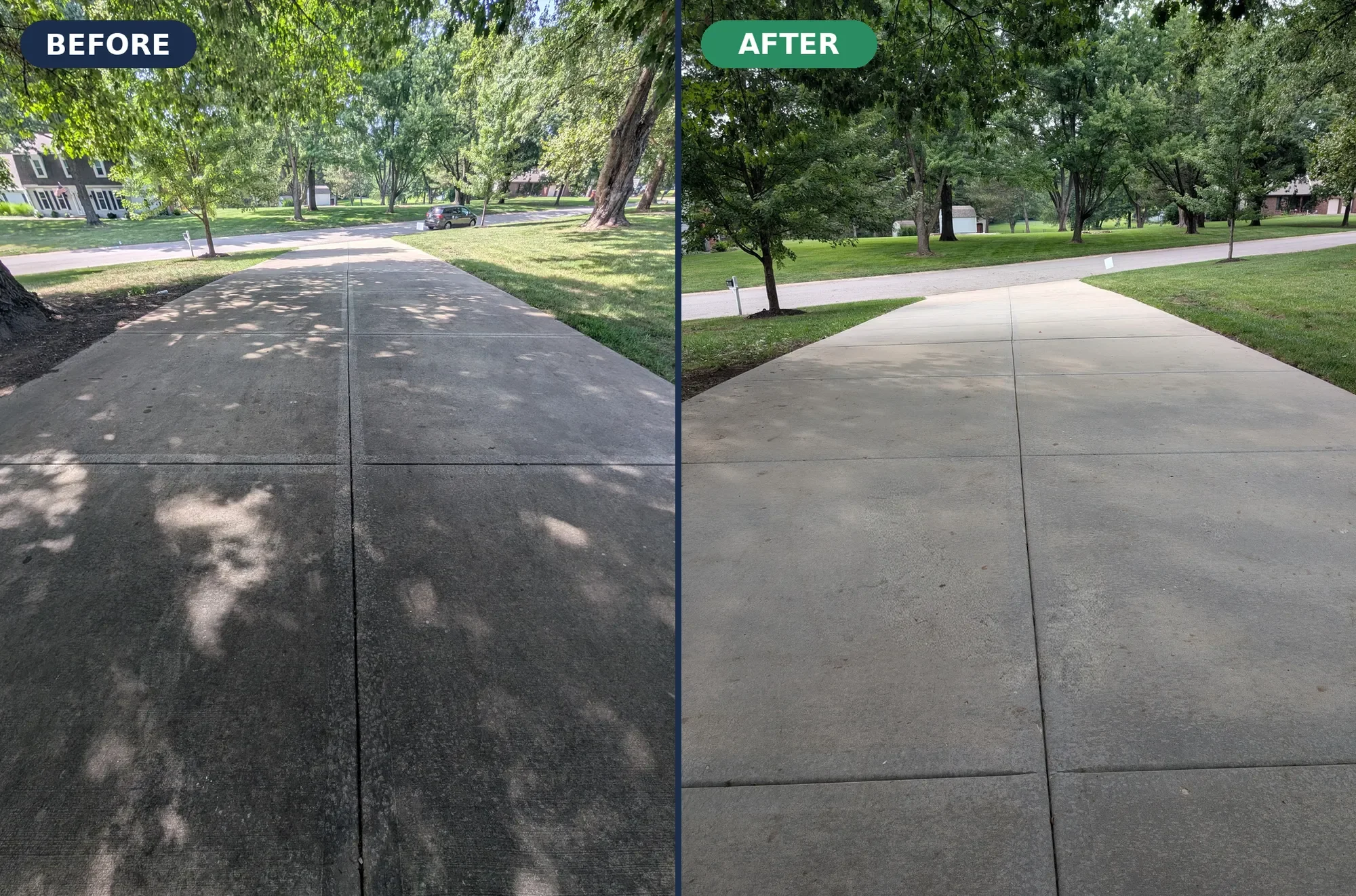 Before and after photos of a Johnson County driveway and walkway, showing dark algae staining removed after professional soft washing.