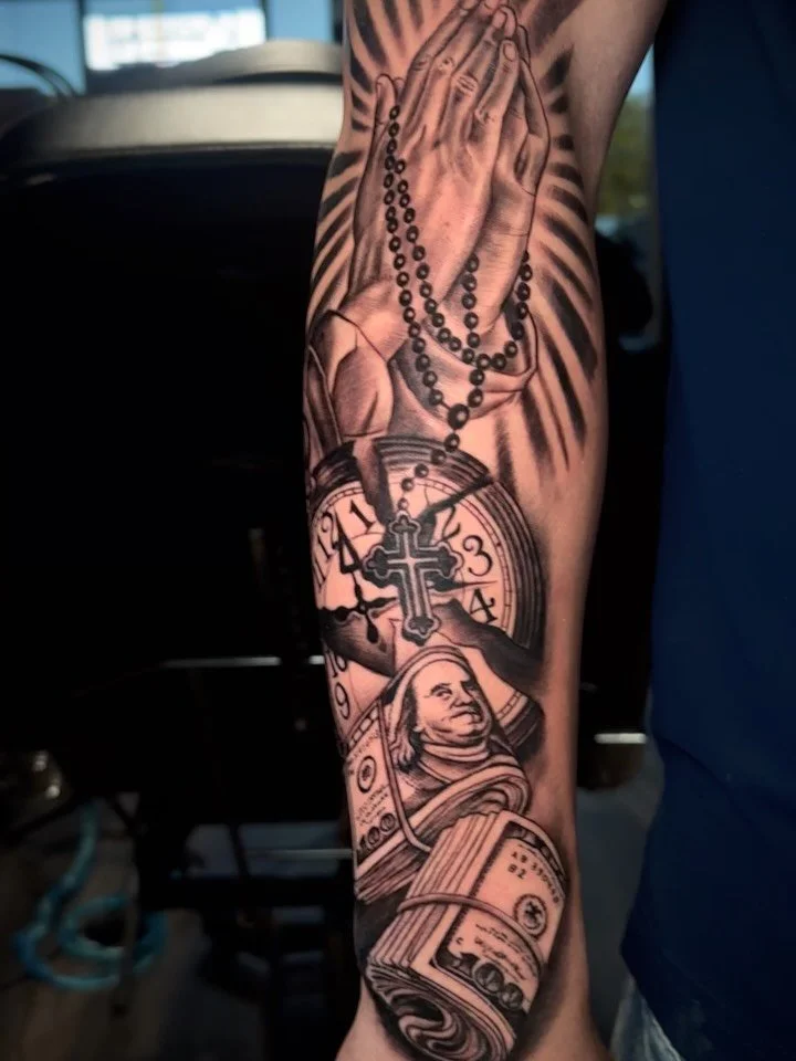 Blackngraytattoo 
Sleeve tattoo
Religious money tattoo 
Aztlaninktattooshop 
Austintexastattooartist 
Book now ur next appointment 
5127010109