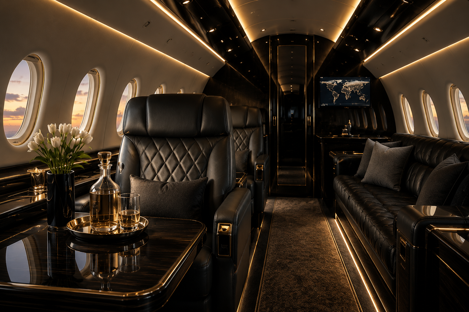 Dark luxury interior " Luxury private jet cabin with black leather seating and premium interior finishes"