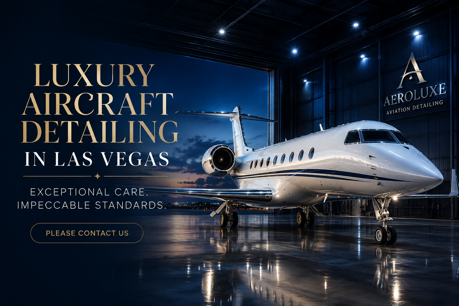 jet/hanger "Luxury private jet in an aircraft hangar for AeroLuxe Aviation Detailing in Las Vegas"