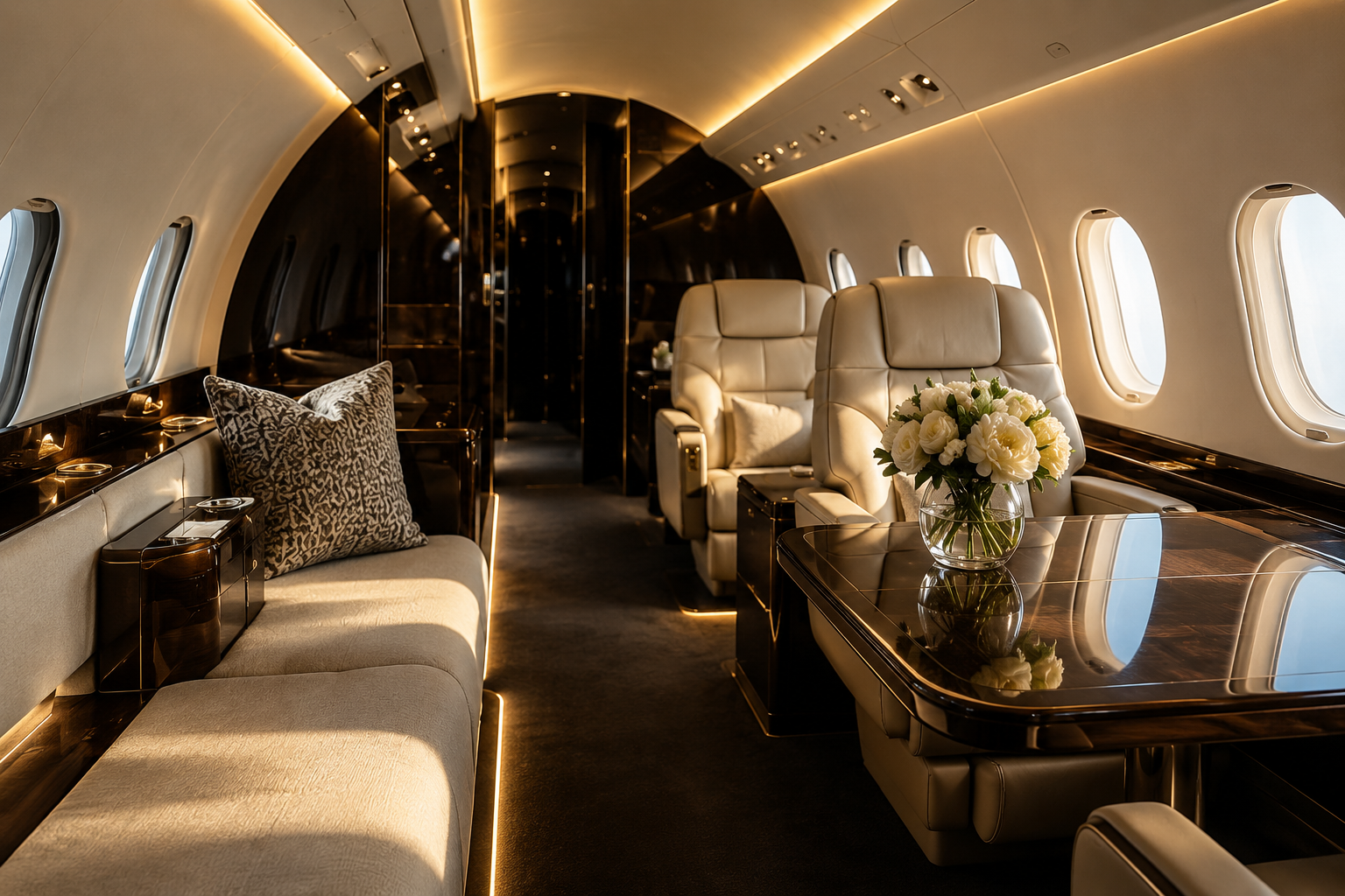 Light Luxury interior " Luxury private jet interior with leather seating and premium cabin finishes"