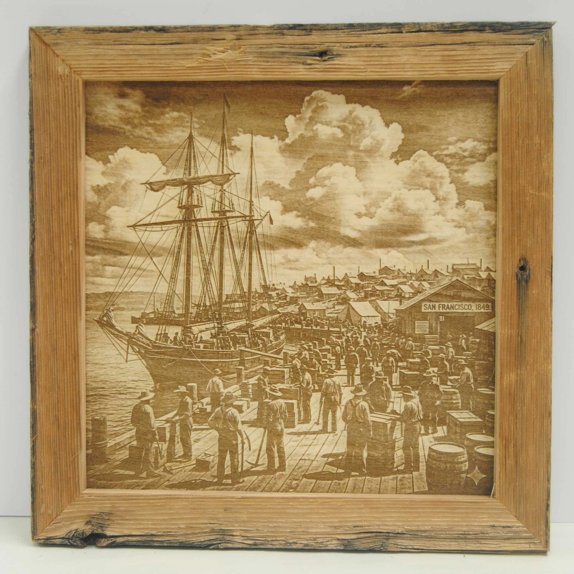 San Francisco Gold Rush 1849, Laser engraved on wood