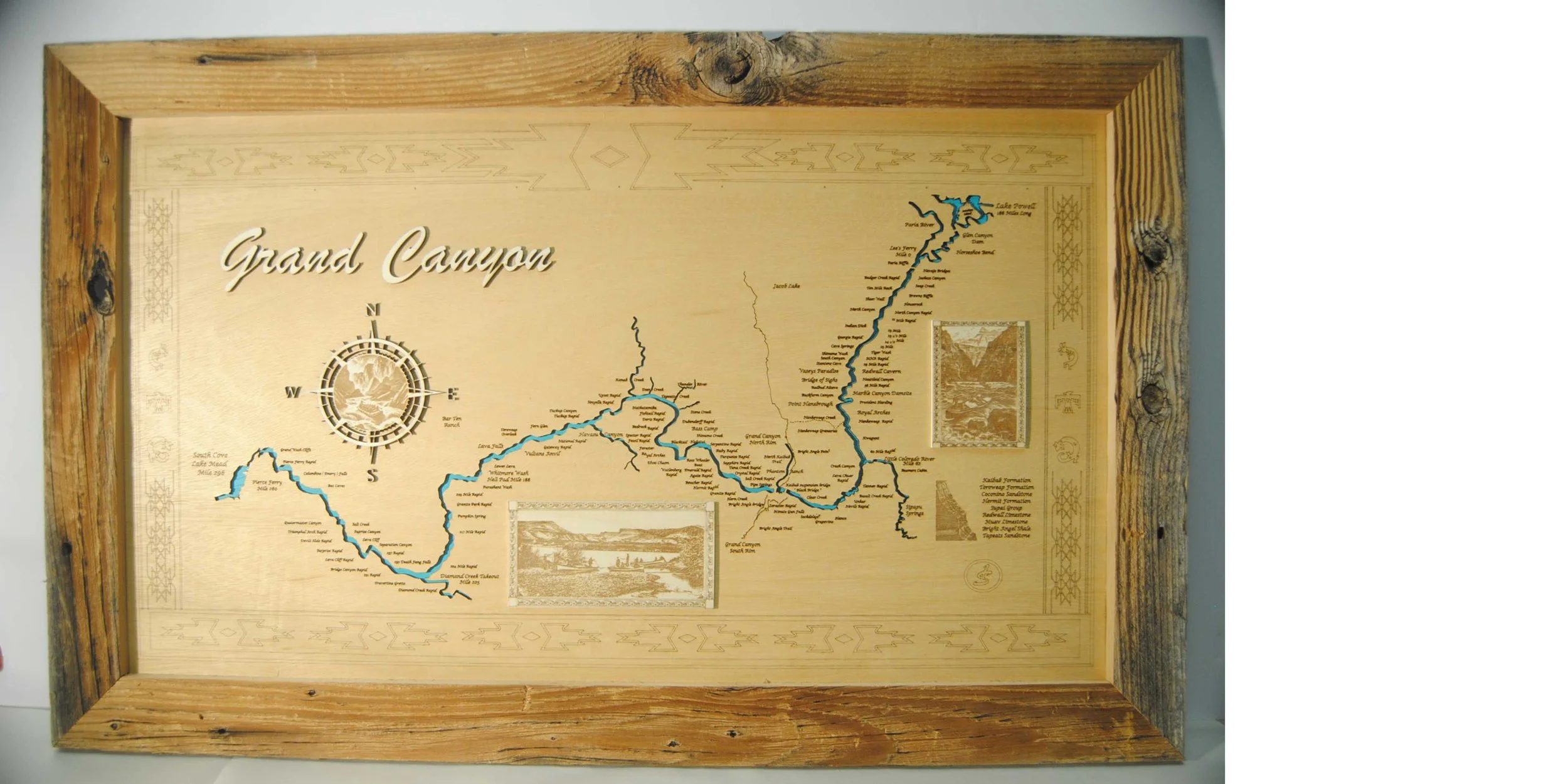 Grand Canyon map showing most of the 250 named Rapids in the 277 mile long canyon with barn wood frame (available on all Maps) 38 x 24 inches