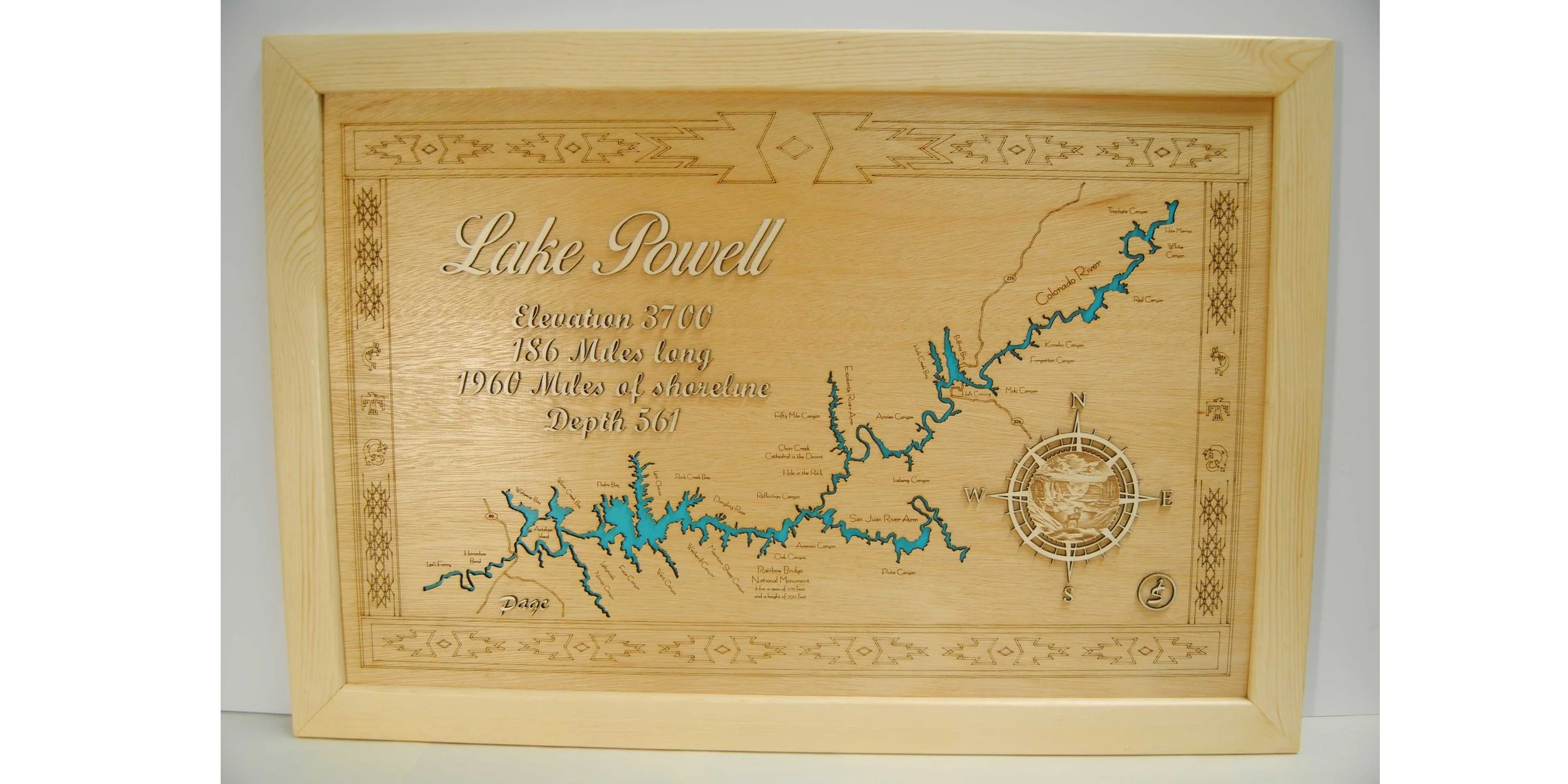                   Laser cut and engraved 3D map of Lake Powell, 23 x 33 1/2. Frame is custom made from clear Pine with splined joinery in the corners (no nails). Also available 35 x 51 inches
