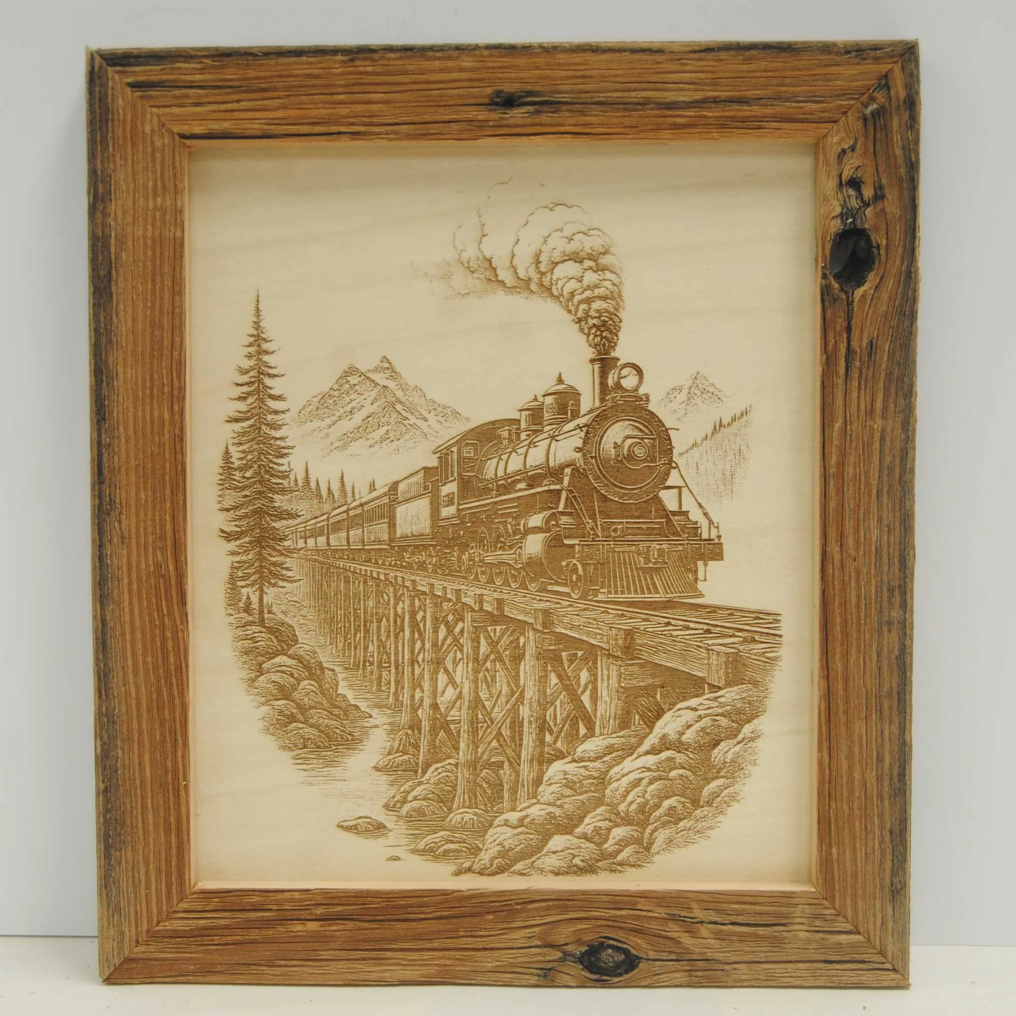 !800's era Steam Train, Laser engraved on wood