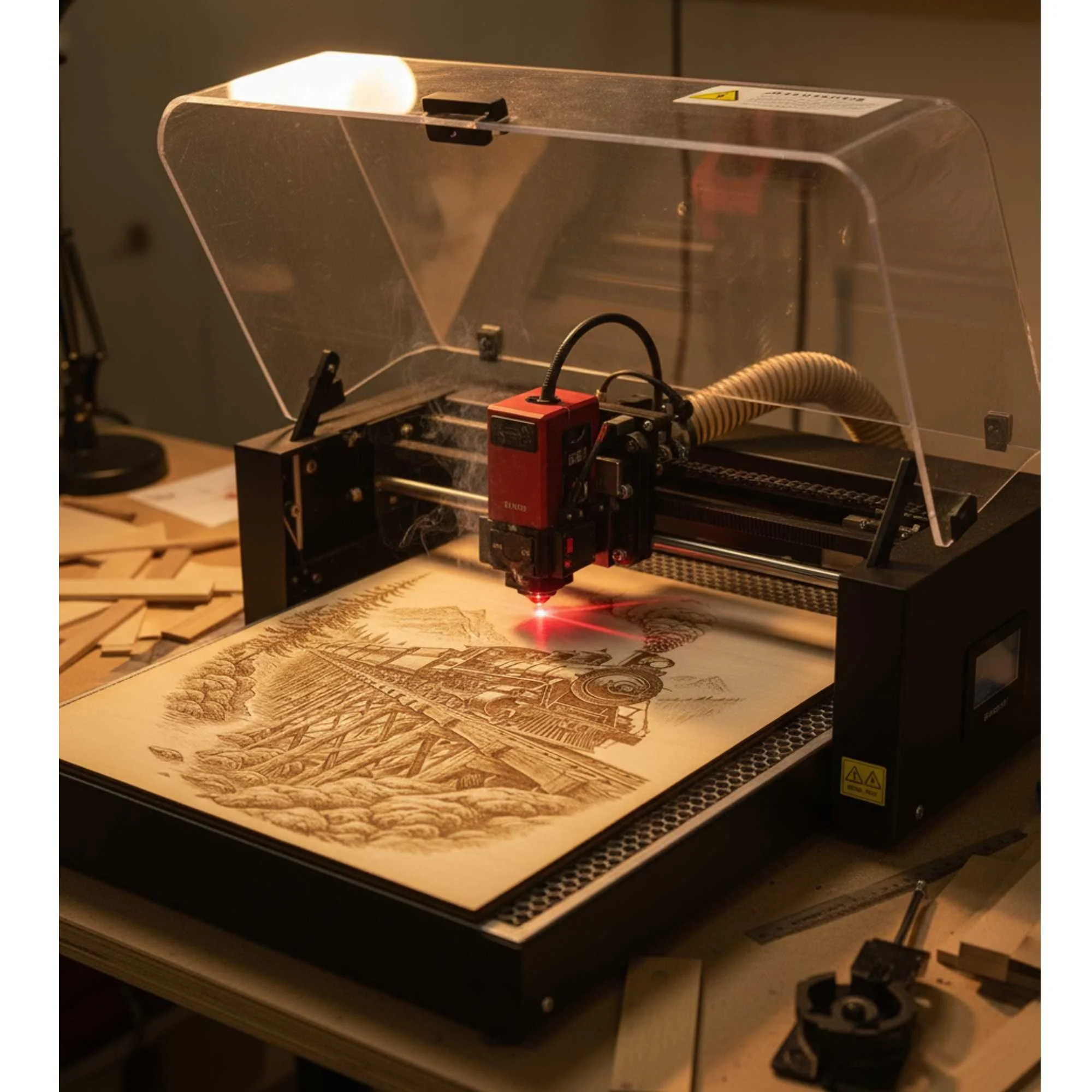 A 3D printer creating a detailed etching of a scene on paper, with a red laser and black frame, on a wooden work table.