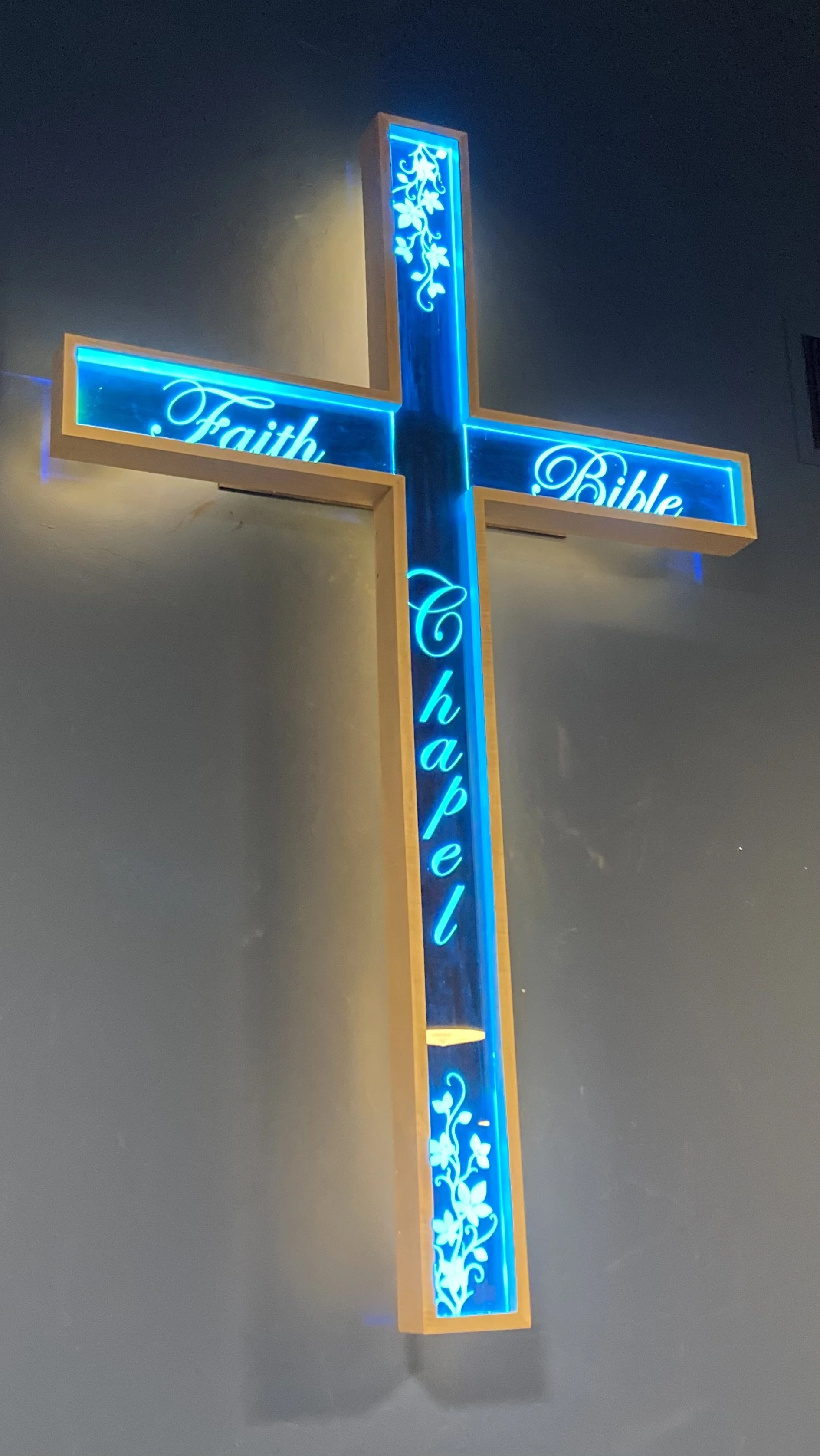 Custom 6 foot cross, Maple frame, sand carved glass with LED side lit glass and backlit to accentuate the cross.