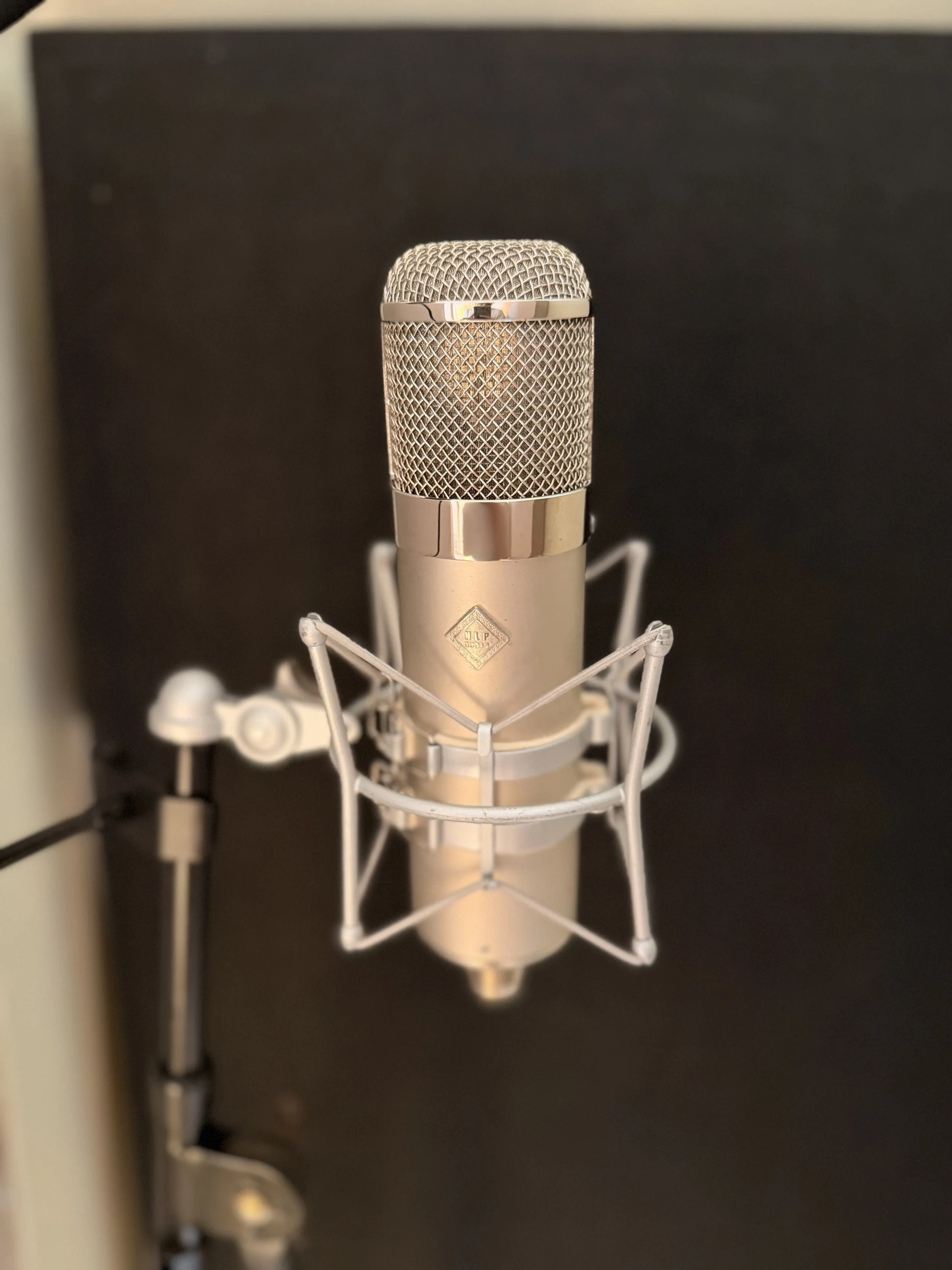 A silver condenser microphone with a metal grille, mounted on a shock mount stand, against a dark background.