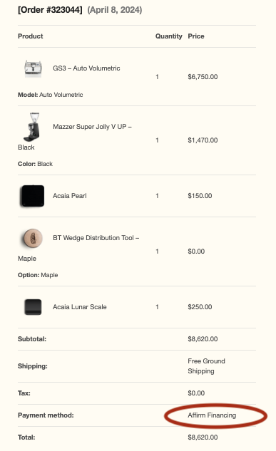 Order financed through Affirm