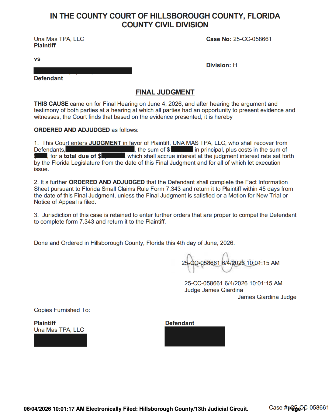 Official Court Final judgment from Hillsborough County Court, Florida, case number 25-CC-058661 showing Una Más TPA winning commercial real estate security deposit dispute, June 2026.