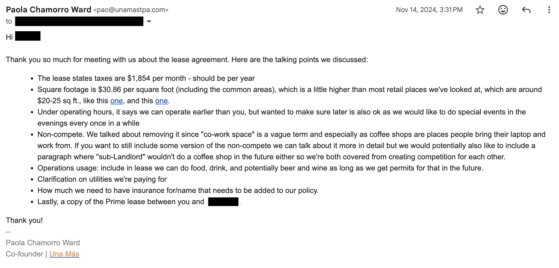 email from a coffee shop owner to a landlord listing lease negotiation points, including a tax error in the lease, above-market price per square foot, non-compete concerns, and a request for the prime lease