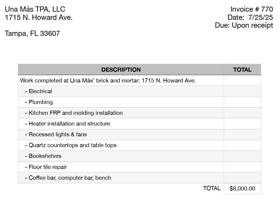 Invoice for $8,000 covering build-out work at Una Más's brick-and-mortar space, including electrical, plumbing, quartz countertops, and custom bar installation