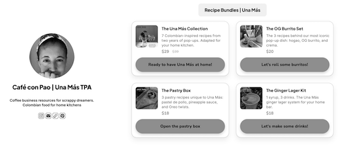 Una Más recipe bundles available in the Café con Pao digital store, including the Una Más Collection, OG Burrito Set, Pastry Box, and Ginger Lager Kit