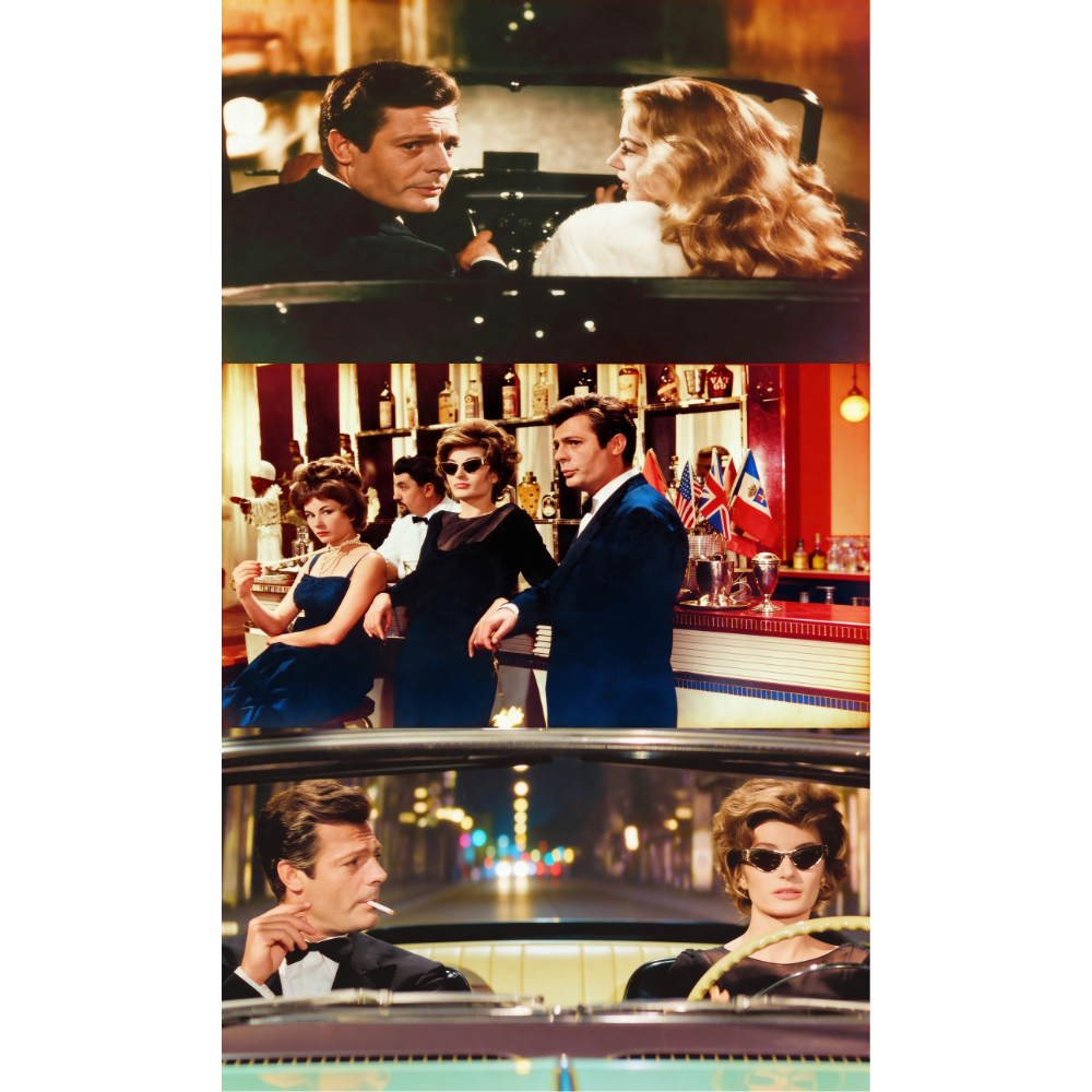 Three scenes from a vintage film, showing a man and woman in a car at night, a bar scene with two women and a man, and a man and woman driving a car at night, all set in a retro style.