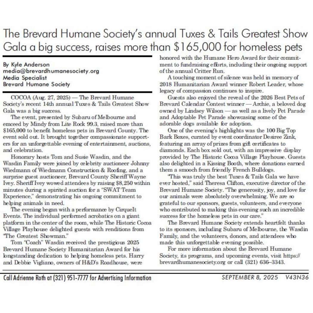 Tuxes & Tails Gala article I wrote for Brevard Business News.