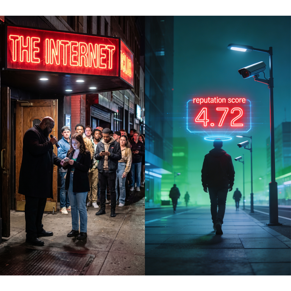 Split image showing a line of people waiting outside a club on a city street at night on the left, and a person walking alone on a modern city street with digital reputation score display on the right.
