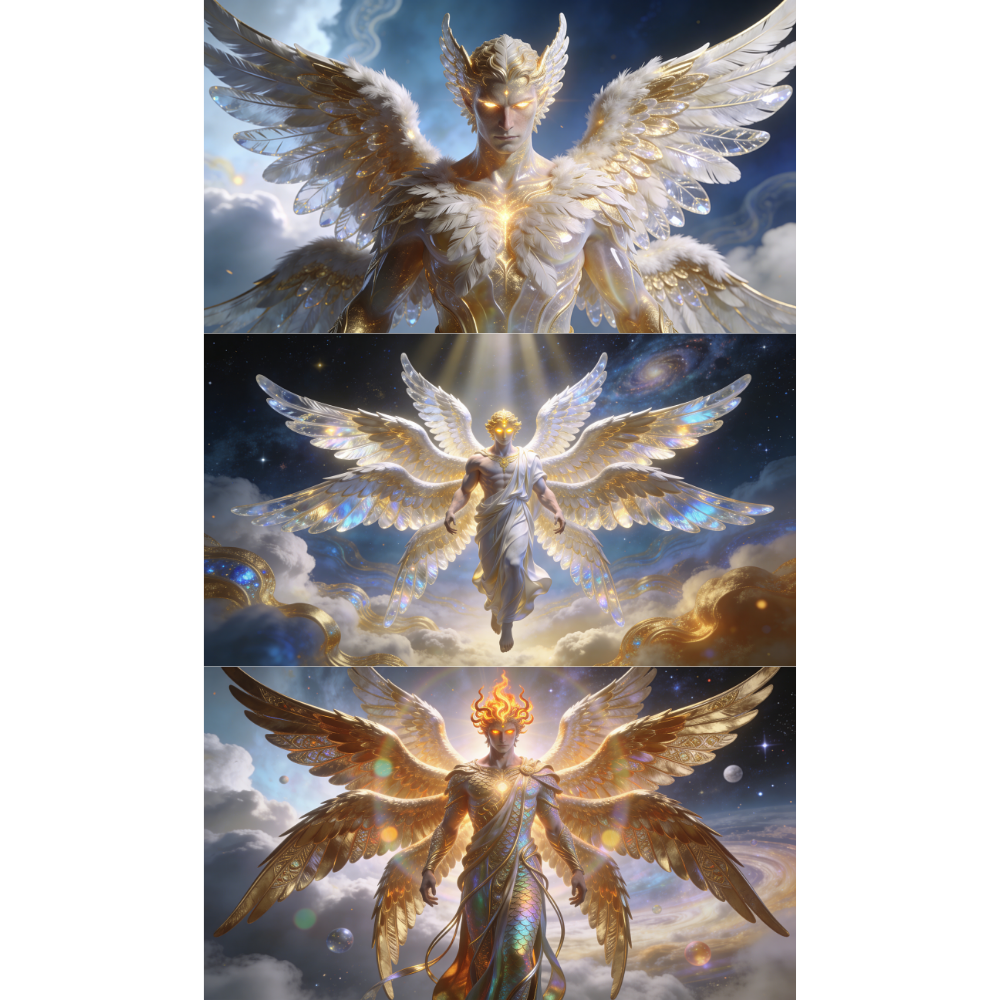Three angelic figures with large, shimmering wings flying through a sky filled with clouds and stars. The figures have glowing eyes and radiant, elaborate attire, with a celestial and divine atmosphere.