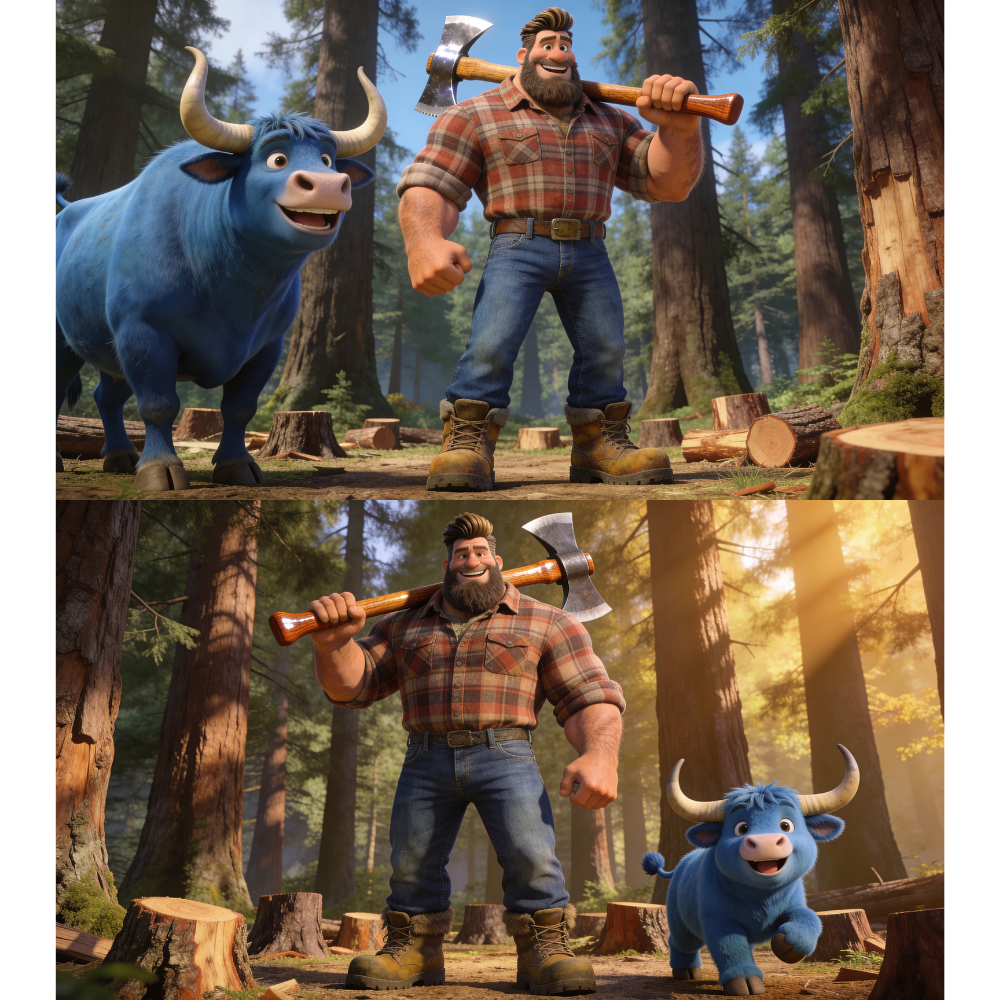 Animation scenes of a lumberjack with a blue, furry, horned creature in a forest setting with trees and logs.