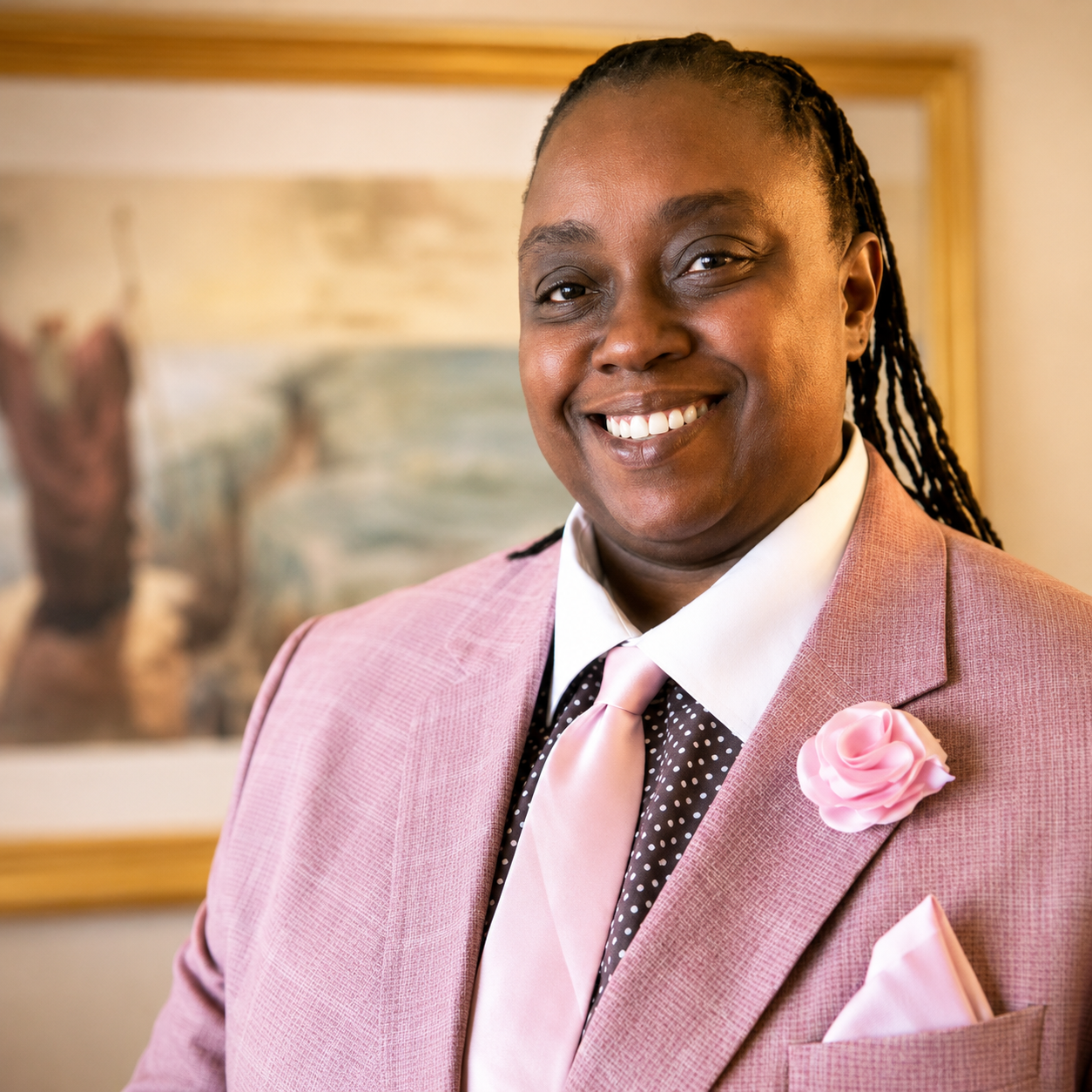 A smiling person wearing a pink suit, black and white polka dot shirt, light pink tie, and pink flower boutonniere, standing in front of a blurred painting.