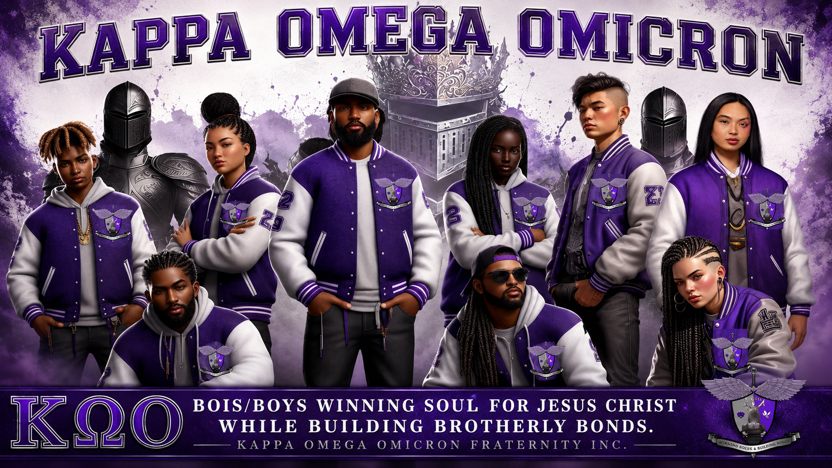 A group of diverse young people wearing purple and white Kappa Omega Omicron fraternity jackets, with some wearing sunglasses, standing in front of a purple and white background with a fraternity crest and the fraternity's Greek letters.