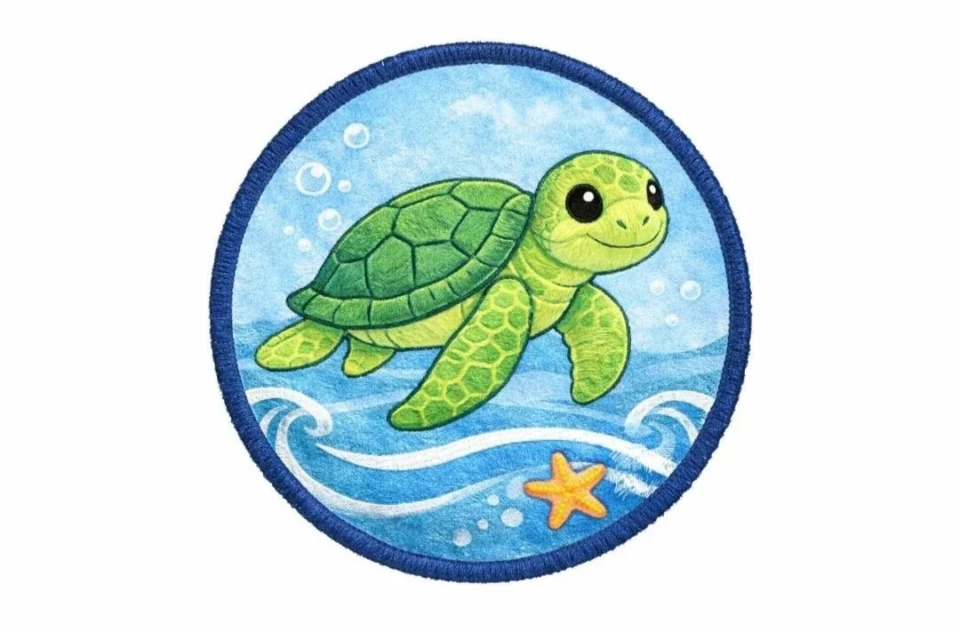 A patch featuring a cartoon green sea turtle with a friendly expression, swimming on the ocean with a starfish and bubbles in the background.